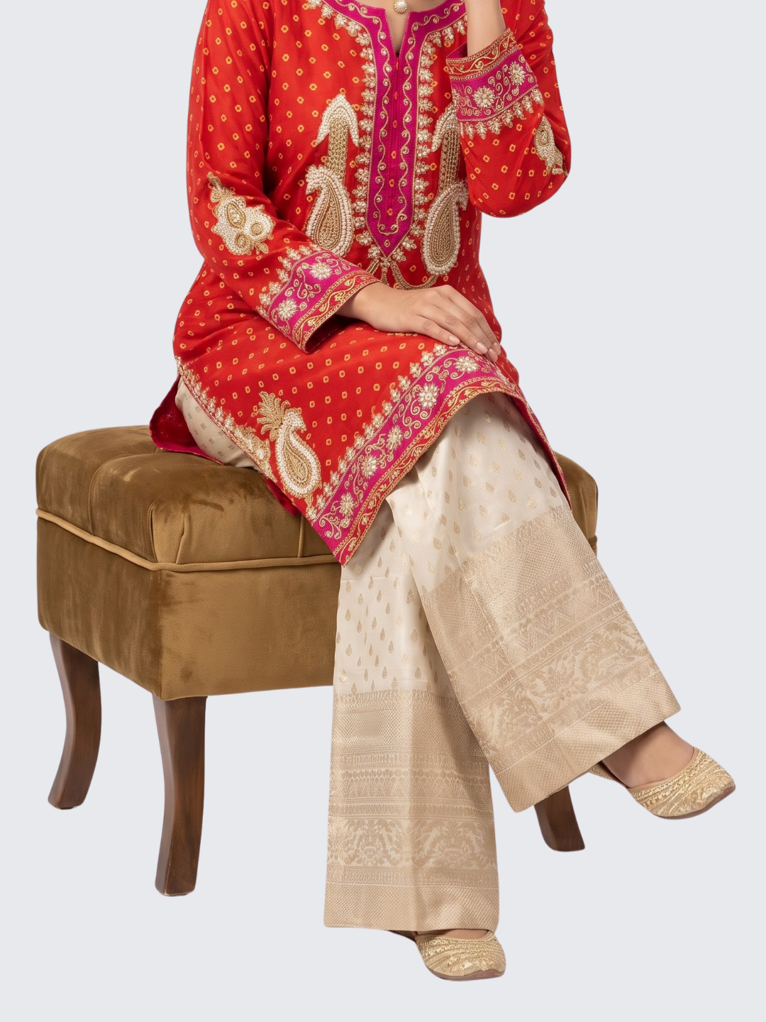 Red Raw Silk Shirt, Palazzo And Dupatta with Cutdana, Pearl and French Knot Embroidery 5